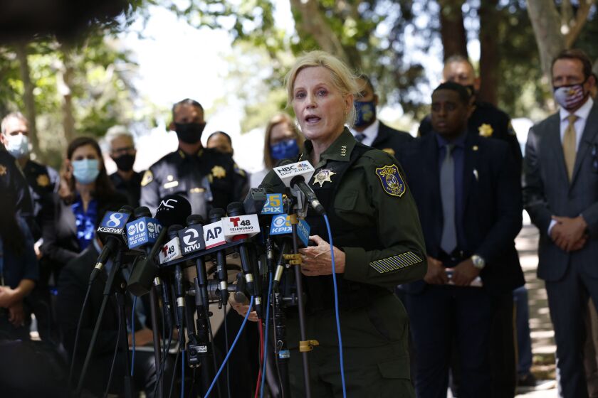 Santa Clara County Sheriff Laurie Smith speaks during a news conference regarding the San Jose rail yard shooting in San Jose, California on,May 26, 2021. - The suspect in a mass shooting that killed eight people at a California rail yard May 26, 2021 took his own life as law enforcement arrived at the scene, the local sheriff said. Several other victims suffered injuries in the attack at a train maintenance compound in San Jose, just south of San Francisco. (Photo by Amy Osborne / AFP) (Photo by AMY OSBORNE/AFP via Getty Images)