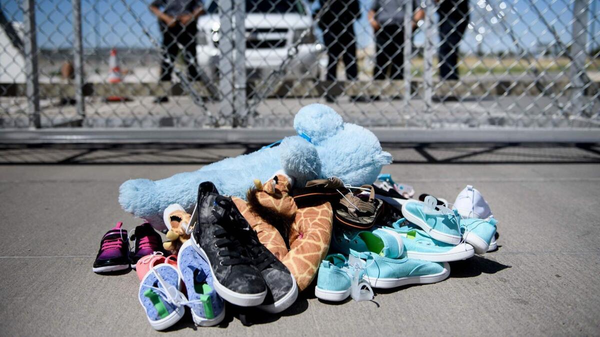 Shoes and toys left at the Tornillo Port of Entry where minors crossing the border without proper papers have been housed after being separated from adults.