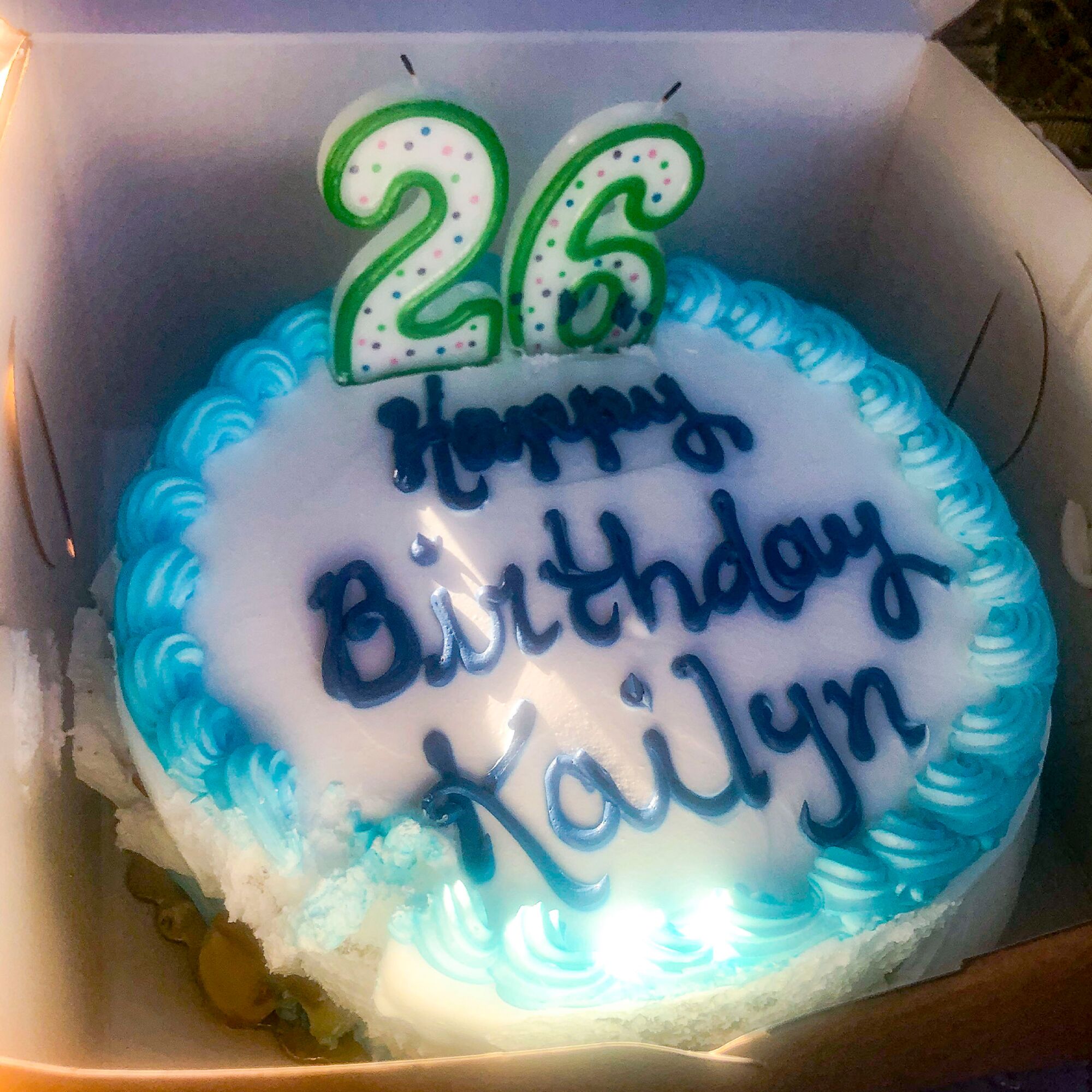 Kailyn Brown's 26th birthday cake with candles.