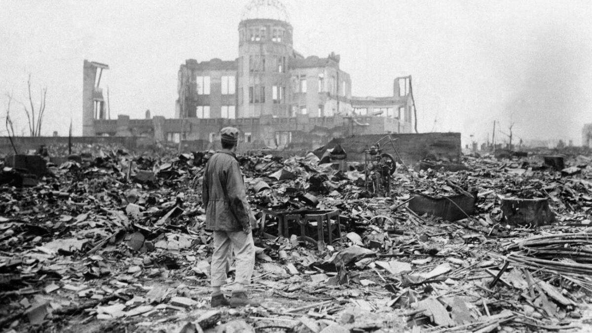 A photograph from 1945 shows some of the devastation in Hiroshima, Japan, after the atomic bomb blast.