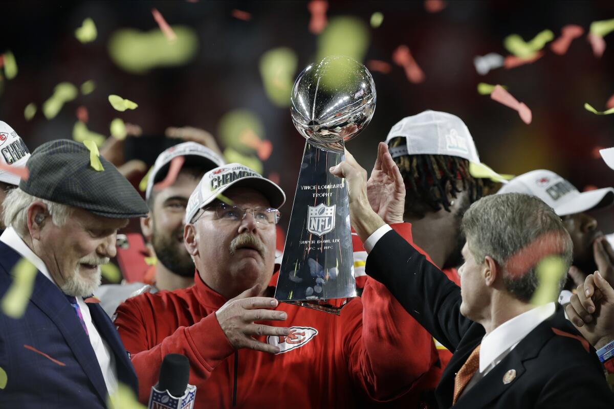 Columnist Nick Canepa thinks a ceremony like this, Chiefs coach Andy Reid being handed the Lombardi Trophy, will happen after this season.