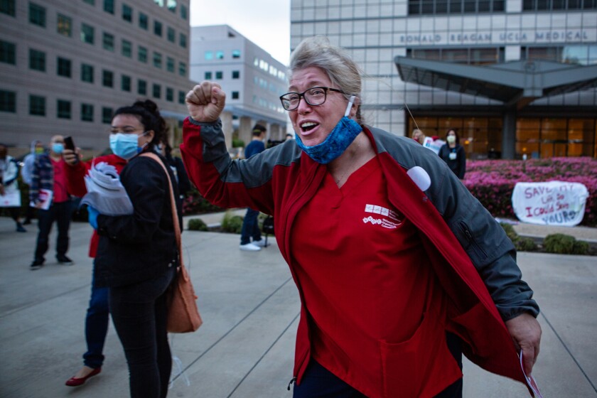Marsha Santini and fellow nurses protest the lack of personal protective equipment for frontline healthcare workers at Ronald Reagan UCLA Medical Center.