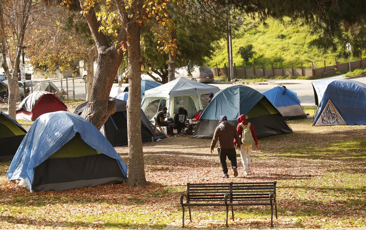 Tents are set up at an Echo Park homeless encampment.