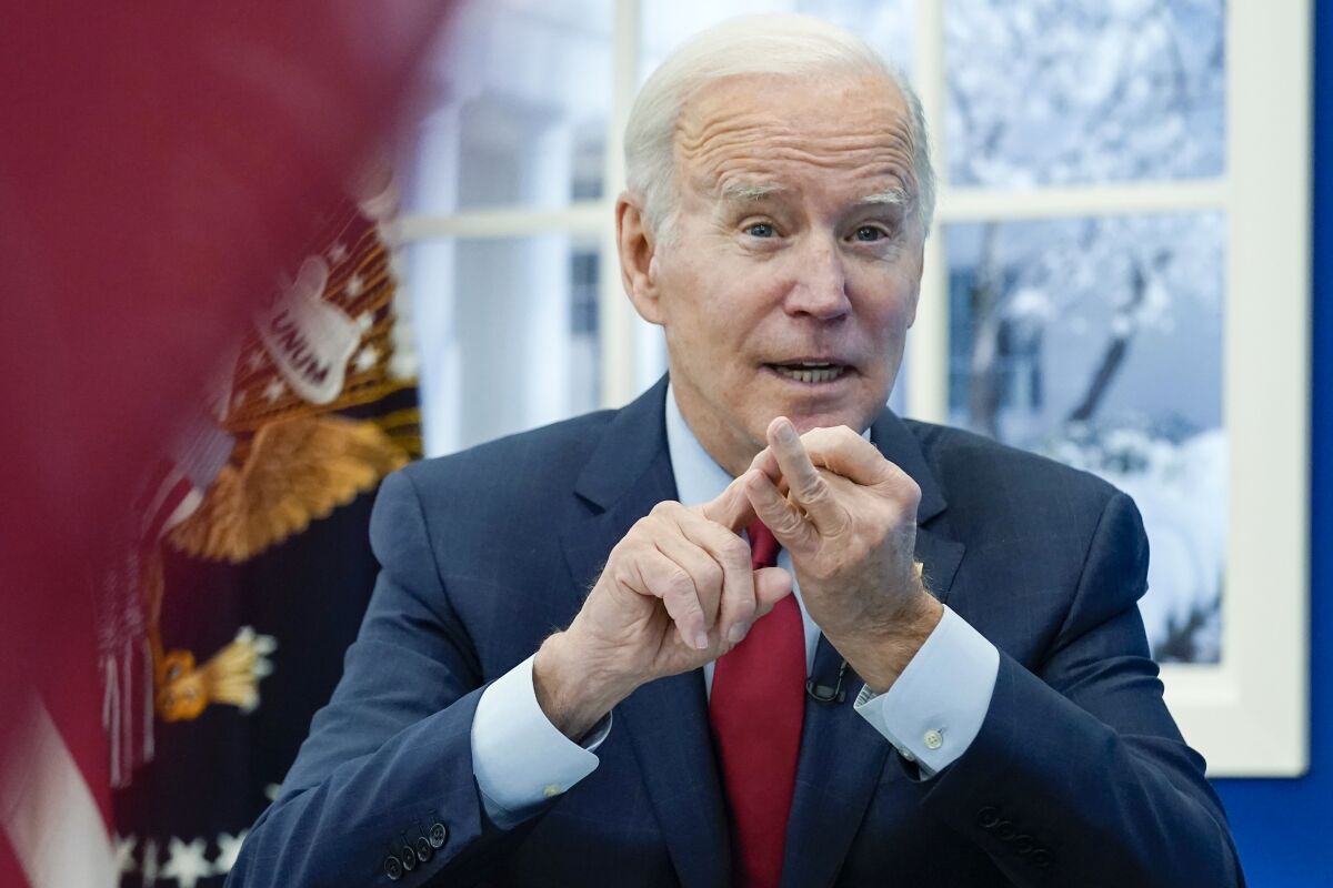 President Joe Biden speaks as he meets with the White House COVID-19 Response Team on the latest developments related to the Omicron variant in the South Court Auditorium in the Eisenhower Executive Office Building on the White House Campus in Washington, Tuesday, Jan. 4, 2022. (AP Photo/Andrew Harnik)