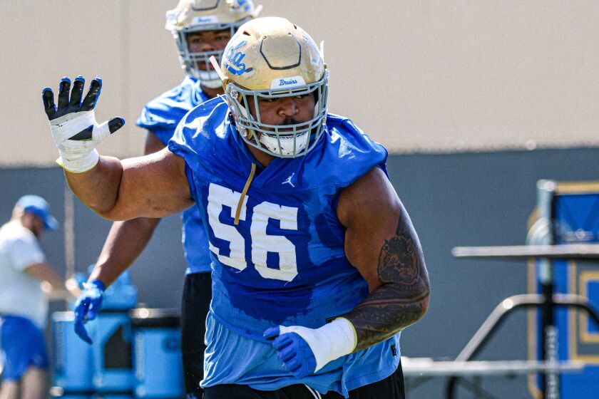 UCLA offensive lineman Atonio Mafi takes part in Bruins training camp on Aug. 17, 2022.