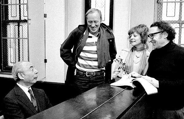 Composer Richard Rodgers, left, prepares for the opening of his newest musical, "REX," starring Nicol Williamson, center, and Penny Fuller, on Jan. 19, 1976, in New York City.