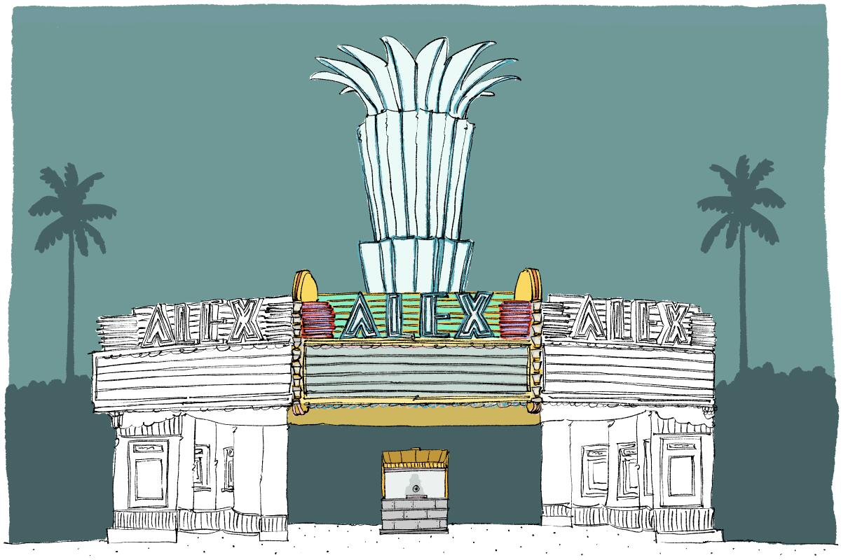 An illustration of a theater, with a ticket booth in front, with signs reading "Alex."