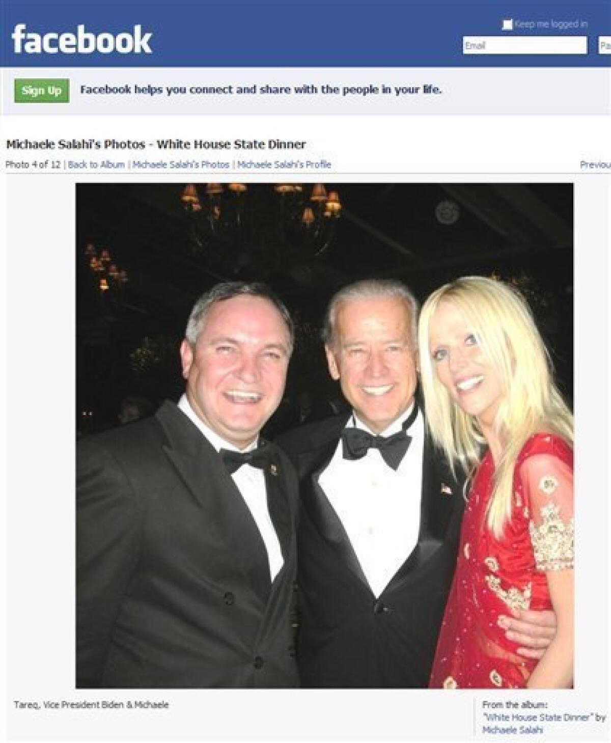 This screen image made from Michaele Salahi's Facebook page shows a photo of, Tareq Salahi, left, Vice President Joe Biden and Michaele Salahi, right, at the White House state dinner in Washington on Tuesday Nov. 24, 2009. The Secret Service is looking into its own security procedures after determining that a Virginia couple, Michaele and Tareq Salahi, managed to slip into Tuesday night's state dinner at the White House even though they were not on the guest list, agency spokesman Ed Donovan said. (AP Photo) NO SALES