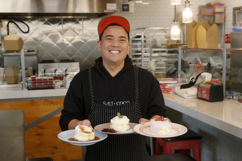 Chef and owner Paul Cao's new brunch pop-up menu offers freshly made souffl pancakes at Burnt Crumbs in Irvine.