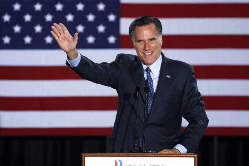 Mitt Romney declares victory in the Wisconsin presidential primary at the Grain Exchange in Milwaukee.