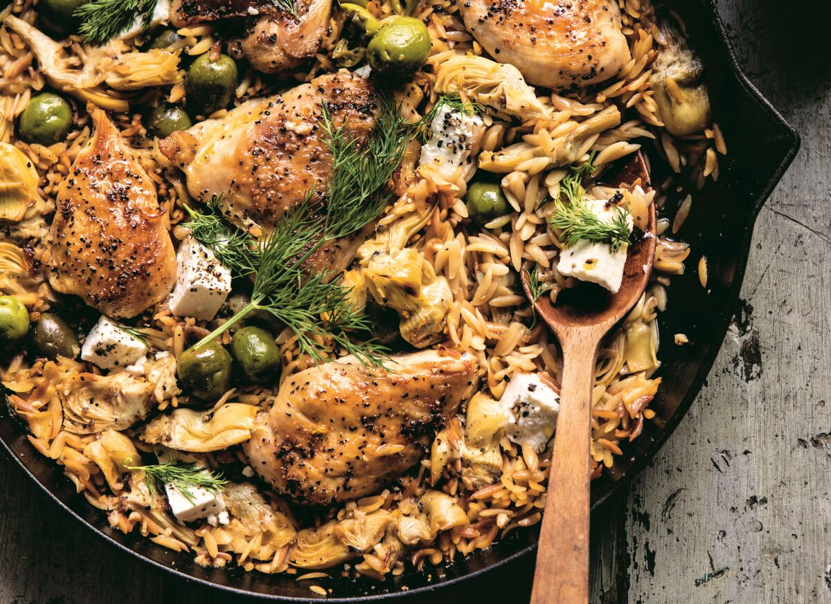White Wine-Braised Chicken With Artichokes and Orzo from “Half Baked Harvest Super Simple”