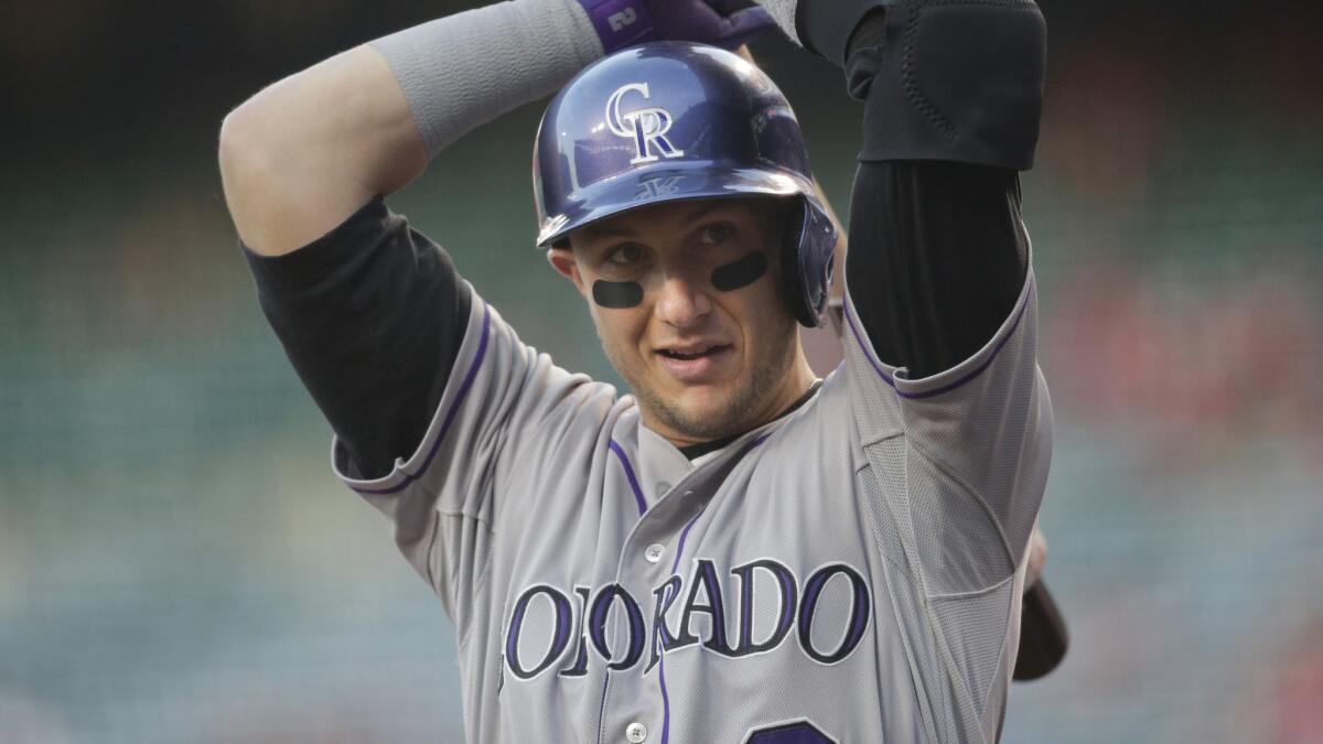 Colorado Rockies shortstop Troy Tulowitzki prepares for an at-bat against the Angels on May 13, 2015.