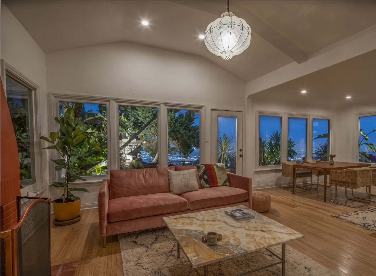 The living room in the main house has vaulted ceilings.