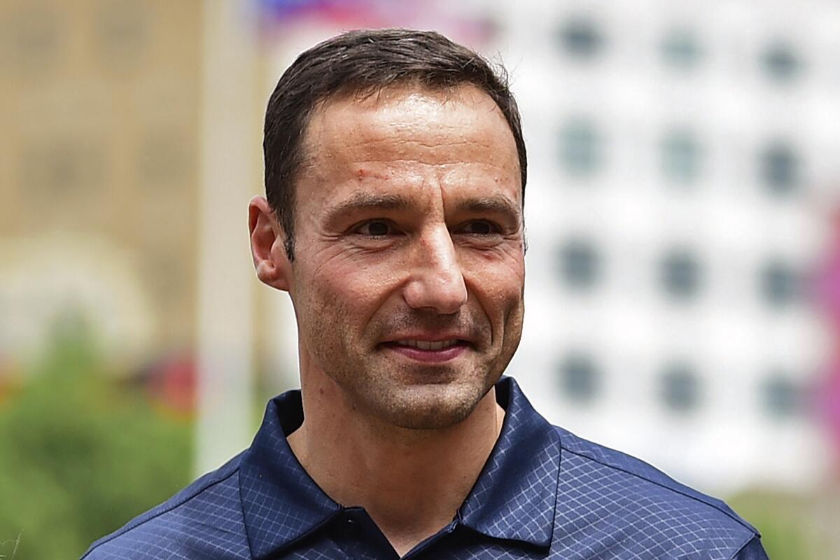 FILE - Cleveland President of Baseball Operations Chris Antonetti is shown during a pregame ceremony before a baseball game between the Cleveland Indians and New York Yankees, Sunday, June 9, 2019, in Cleveland. Antonetti was voted Major League Baseball’s Executive of the Year, Tuesday, Nov. 8, 2022, after his young team won the AL Central with a $68 million payroll that was 27th among the 30 teams. (AP Photo/David Dermer, File)