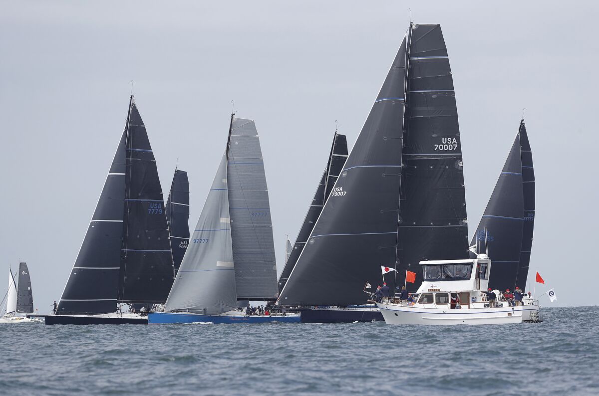 The start of a previous Newport to Ensenada International Yacht Race off the Balboa Pier. This year's event begins Friday.