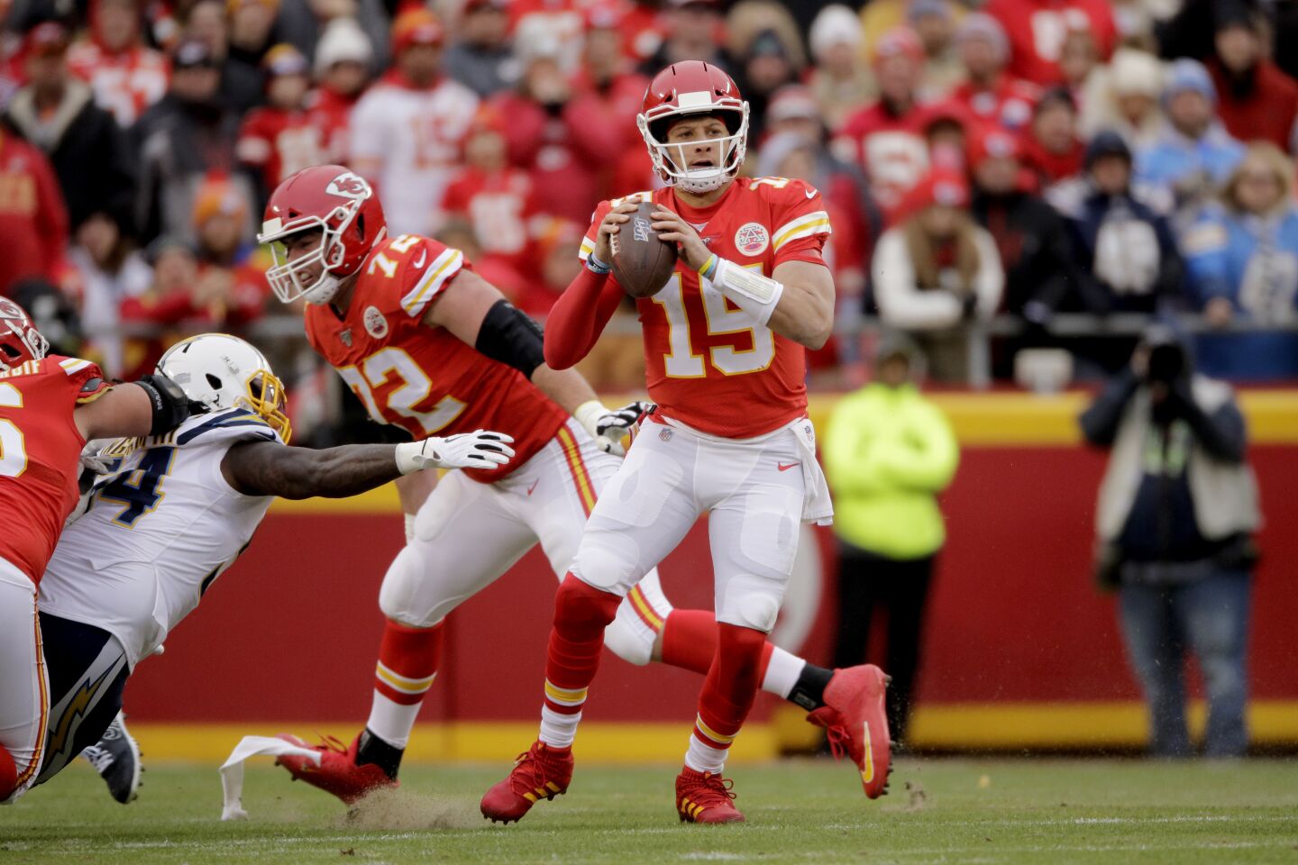 Chiefs quarterback Patrick Mahomes (15) looks to throw during a game against the Chargers on Dec. 29.