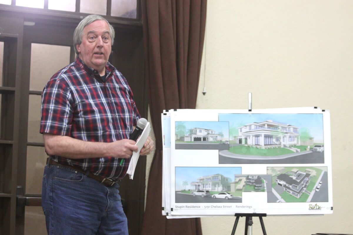 Architect Tim Golba presents plans for the Stupin Residence project at 5191 Chelsea St. in Bird Rock during the Oct. 3 La Jolla Community Planning Association meeting at the Rec Center.