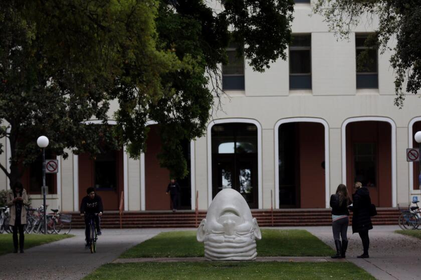 DAVIS, CA APRIL 11, 2017: An egghead sculpture in front of main administration building on the UC Davis, in Davis, CA April 10, 2017. (Francine Orr/ Los Angeles Times)