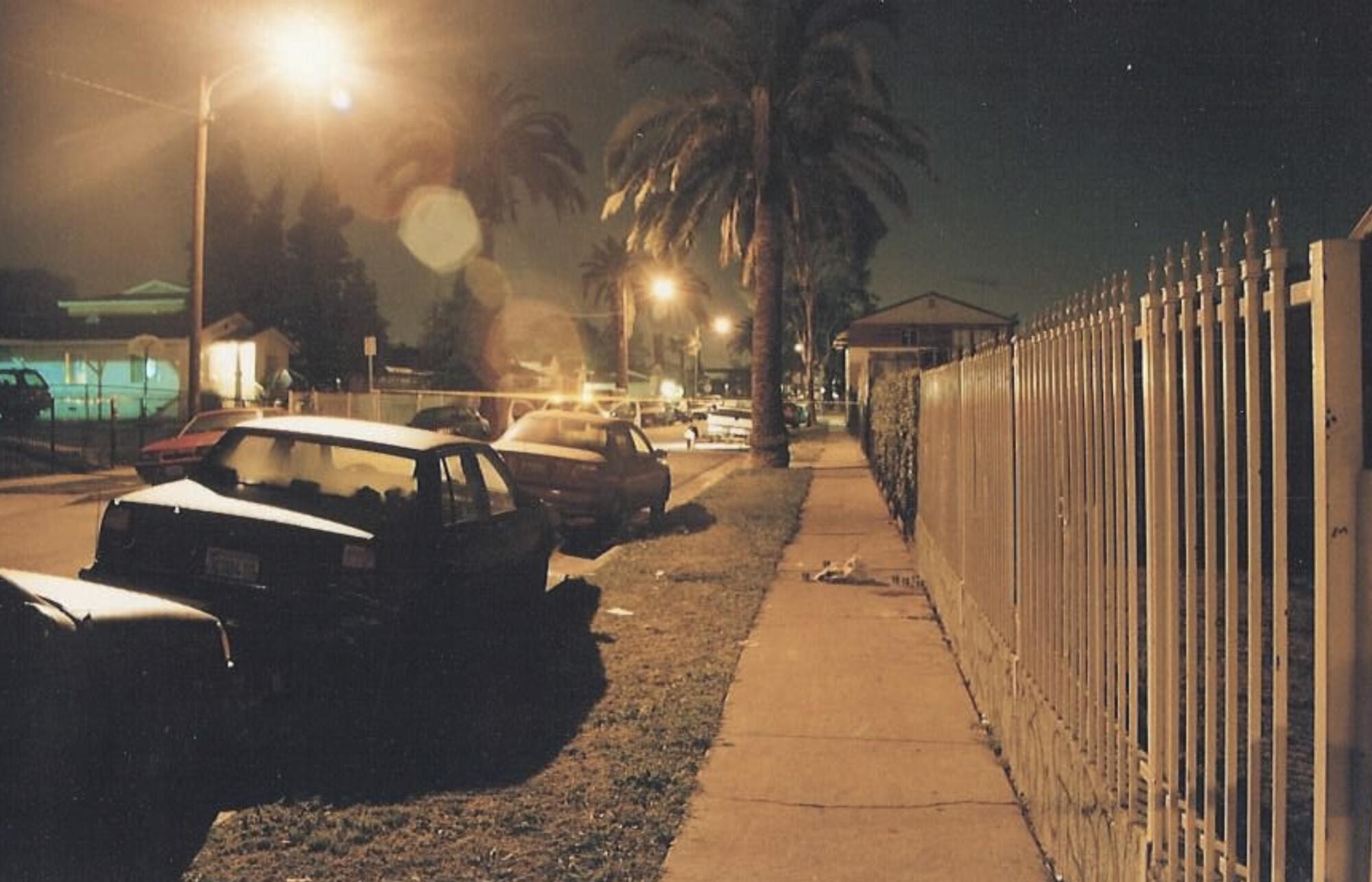 A fence lines a sidewalk, with cars parked in the street, at night.