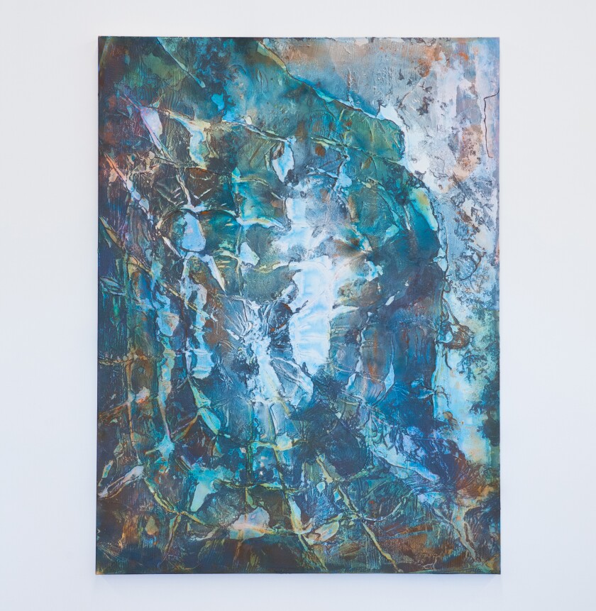 Fritz Chesnut's "New Sun (Blue)," 2019. Acrylic and enamel on canvas, 72 inches by 54 inches.
