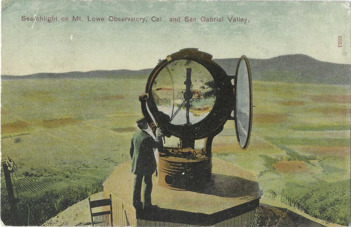 The searchlight on Mount Lowe is seen on a vintage postcard