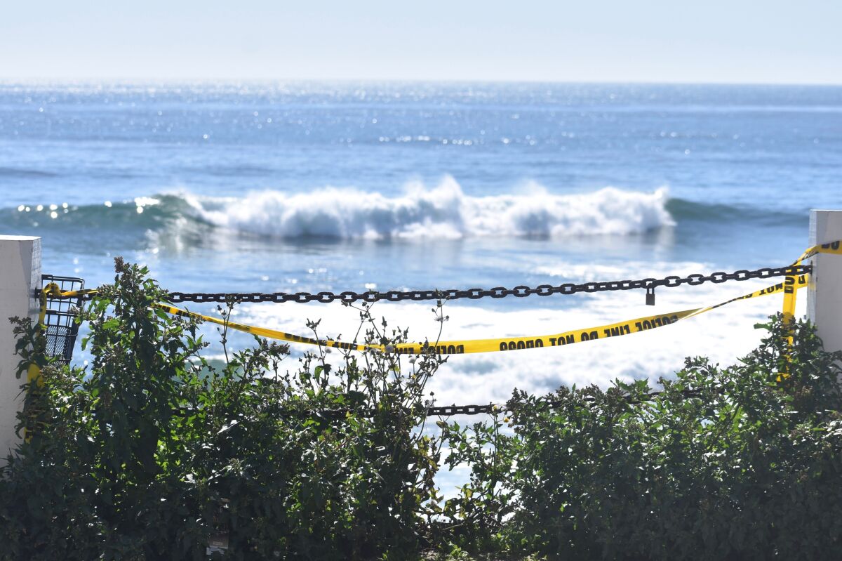 A photo taken April 15 at Windansea in La Jolla shows a wave rolling in with no surfers out to ride it because of countywide beach closures resulting from the coronavirus outbreak.
