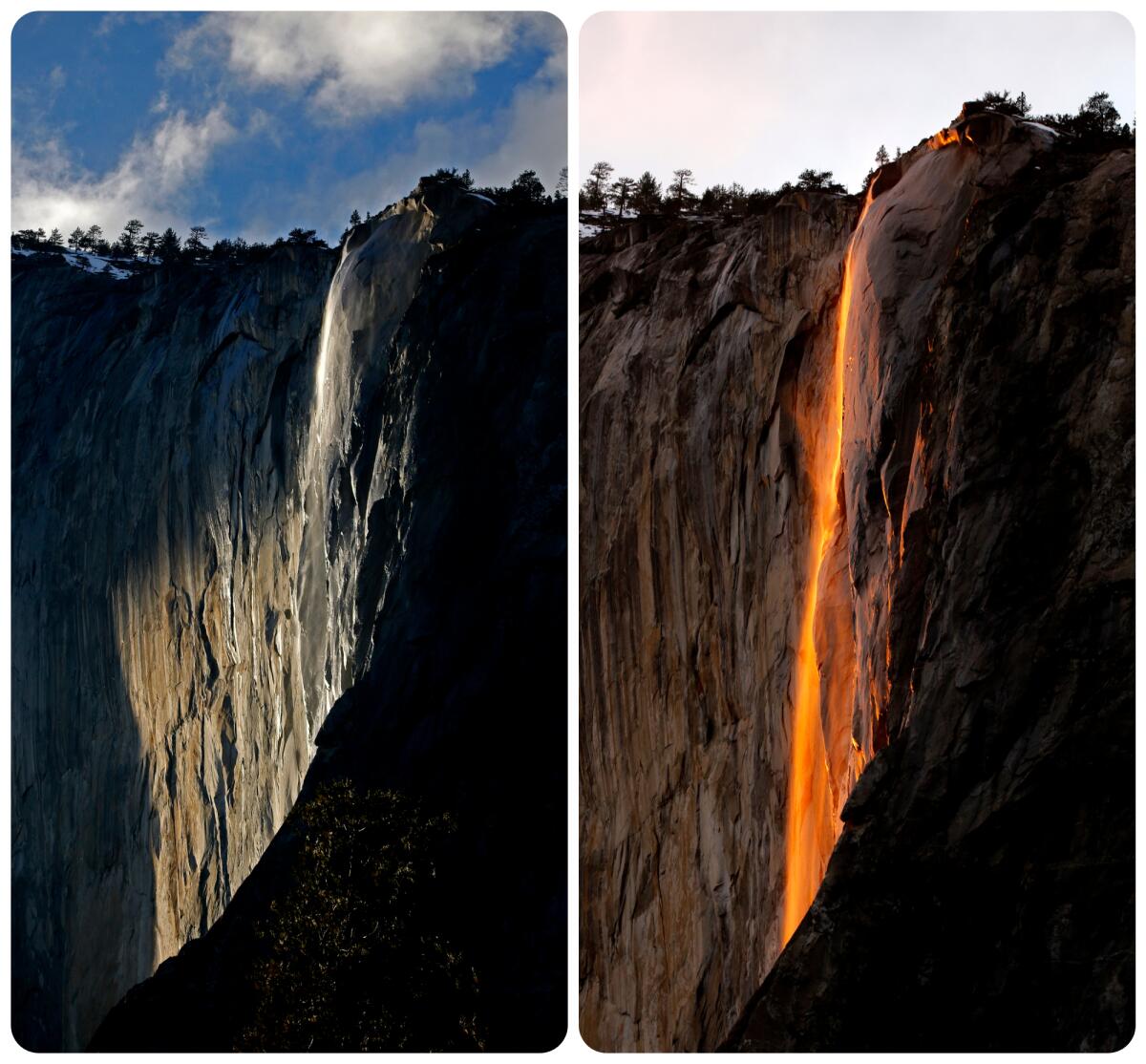 A diptych showing the "firefall" moment at Horsetail Fall in Yosemite.