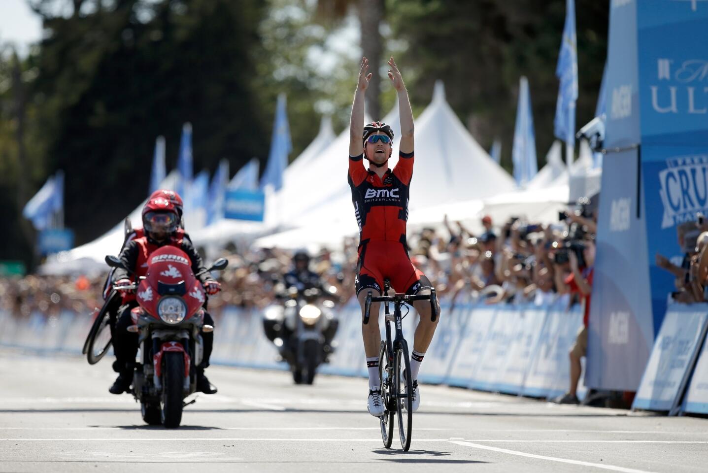 U.S. cyclist Taylor Phinney of the BMC Racing Team celebrates winning Stage 5 of the 2014 Amgen Tour of California on Thursday.