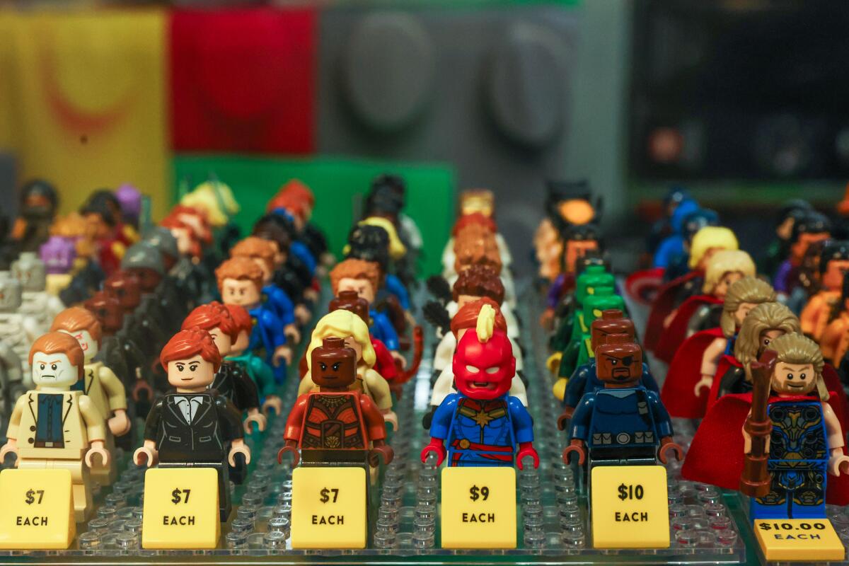 Marvel legos are displayed in rows.