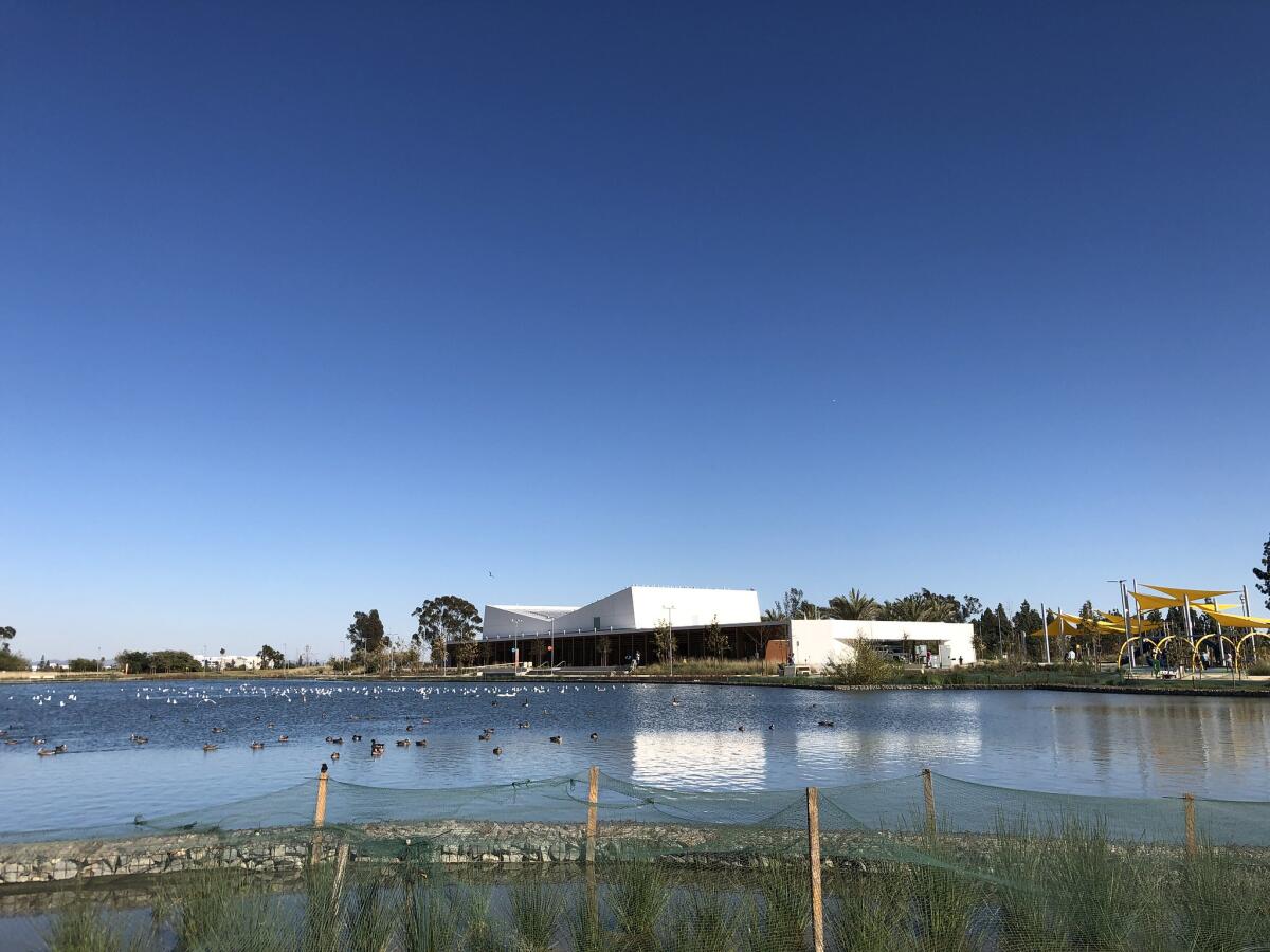 Ducks and geese dot a lake. In front is a netted area with plants; in the background, a community center and play area.
