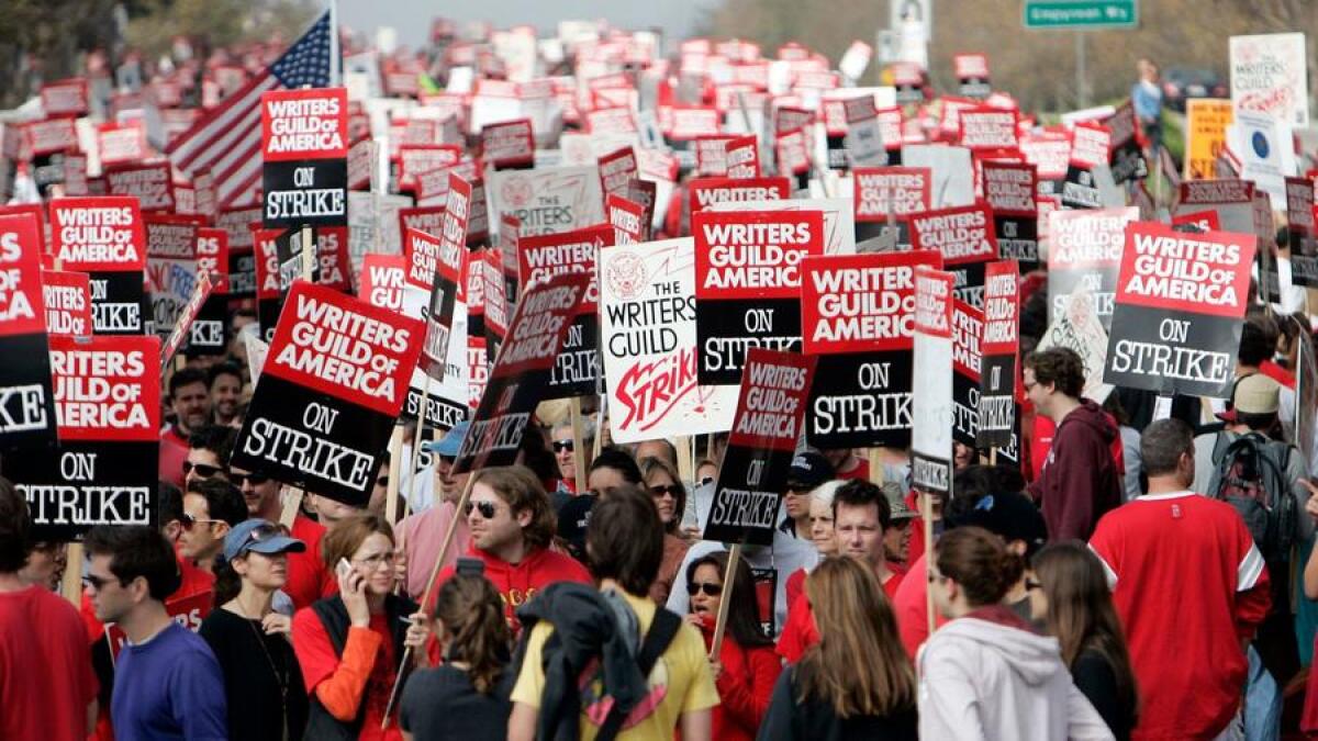 Thousands of Writers Guild of America protesters took to the streets in 2007 as part of the union's 100-day work stoppage.