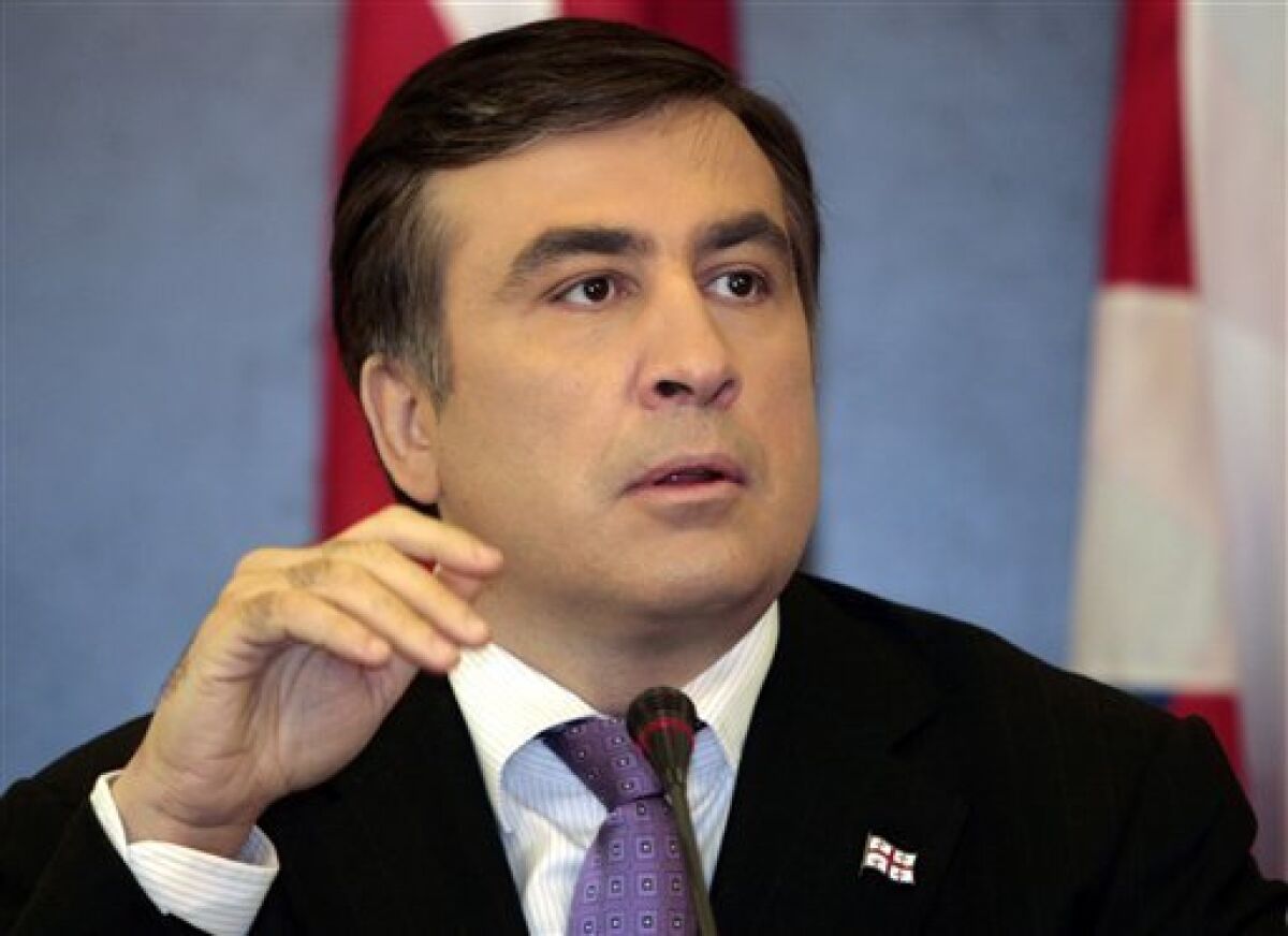 Georgian President Mikhail Saakashvili speaks at a meeting with the military's General Staff in Tbilisi, Wednesday May 6, 2009. NATO launched military exercises in former Soviet Georgia on Wednesday after heavy criticism from neighboring Russia and a brief mutiny in the Georgian military.(AP Photo/Shakh Aivazov)