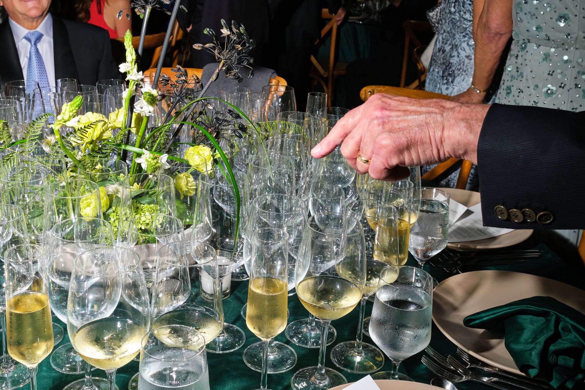 Wine glasses on a table. 