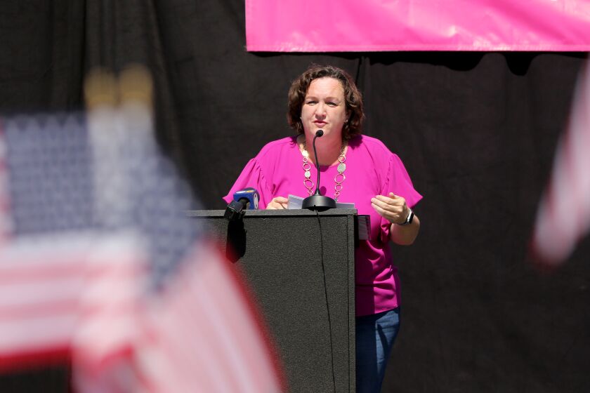 Congresswoman Katie Porter spoke at the Planned Parenthood's national day of action "Bans Off Abortion" rally at Centennial Regional Park in Santa Ana on Saturday, May 14, 2022. Hundreds listened to inspirational speakers, including local politicians.