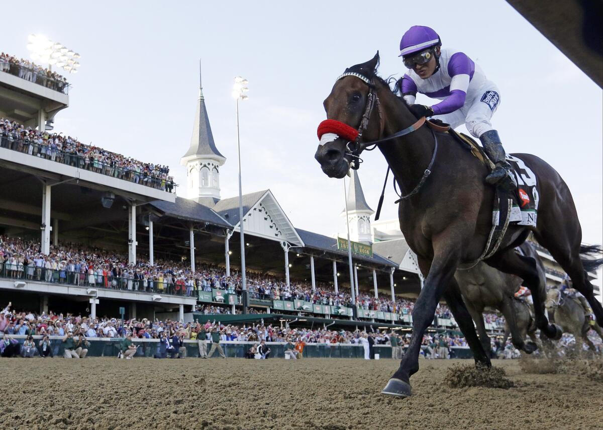 Mario Gutierrez rides Nyquist to victory in the 142nd running of the Kentucky Derby on Saturday at Churchill Downs.