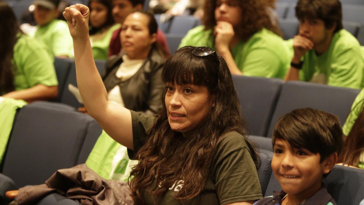 Graciela Geyer, clean energy campaign representative for the Sierra Club in Los Angeles , was among dozens of environmental activists demanding swifter action to curb smog at a meeting of the South Coast Air Quality Management District board in Diamond Bar.