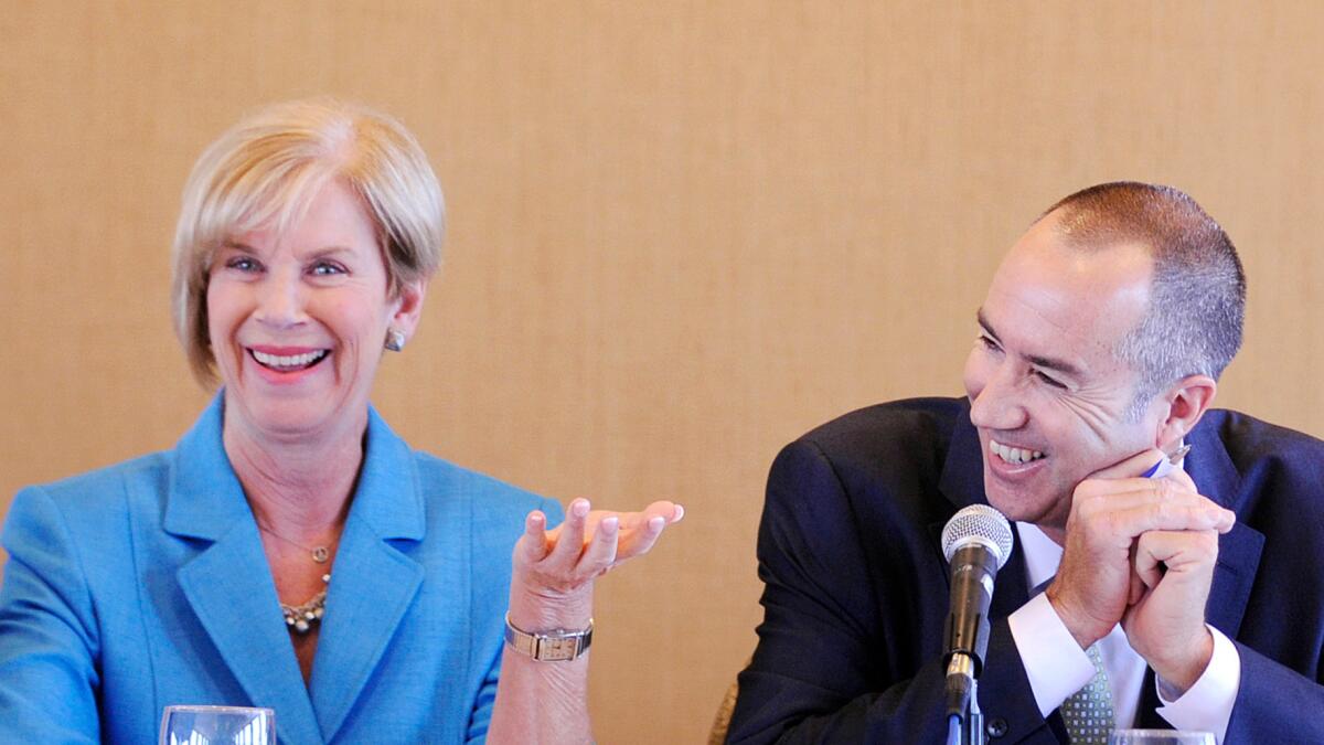 Supervisorial candidates Janice Hahn and Steve Napolitano at a debate in May.