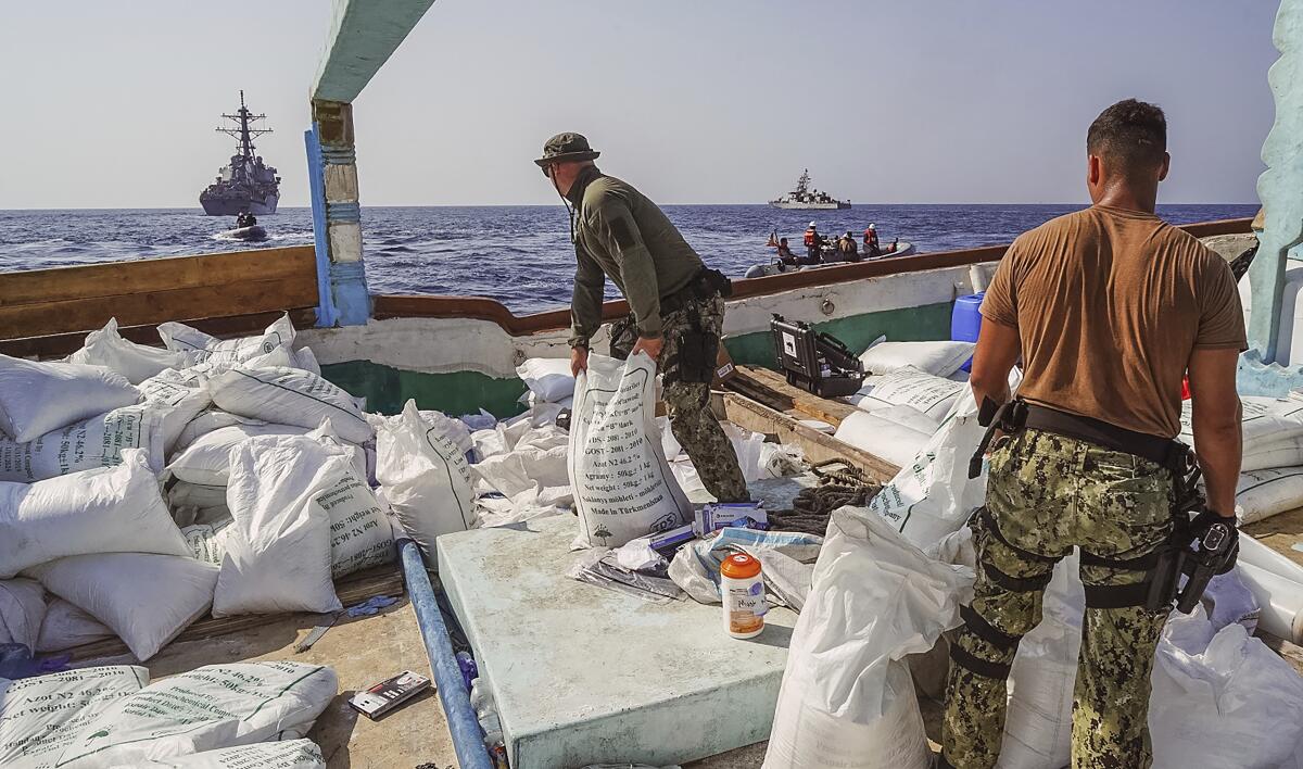 U.S. Navy said it found 70 tons of a missile fuel component among bags of fertilizer aboard a ship bound to Yemen from Iran.