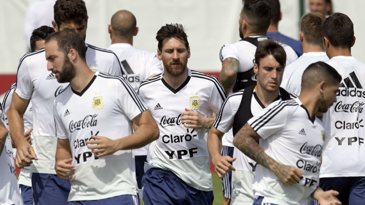 Argentina's forward Lionel Messi, center, attends a training session at the team's base camp in Bronnitsy, near Moscow, on June 24.