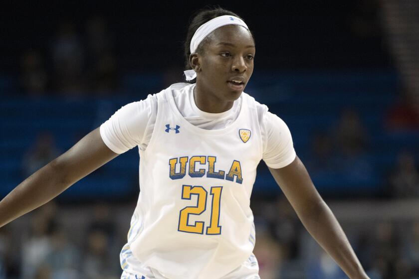 UCLA forward Michaela Onyenwere during an NCAA basketball game against Weber State on Tuesday, Nov. 5, 2019 in Los Angeles. (AP Photo/Kyusung Gong)
