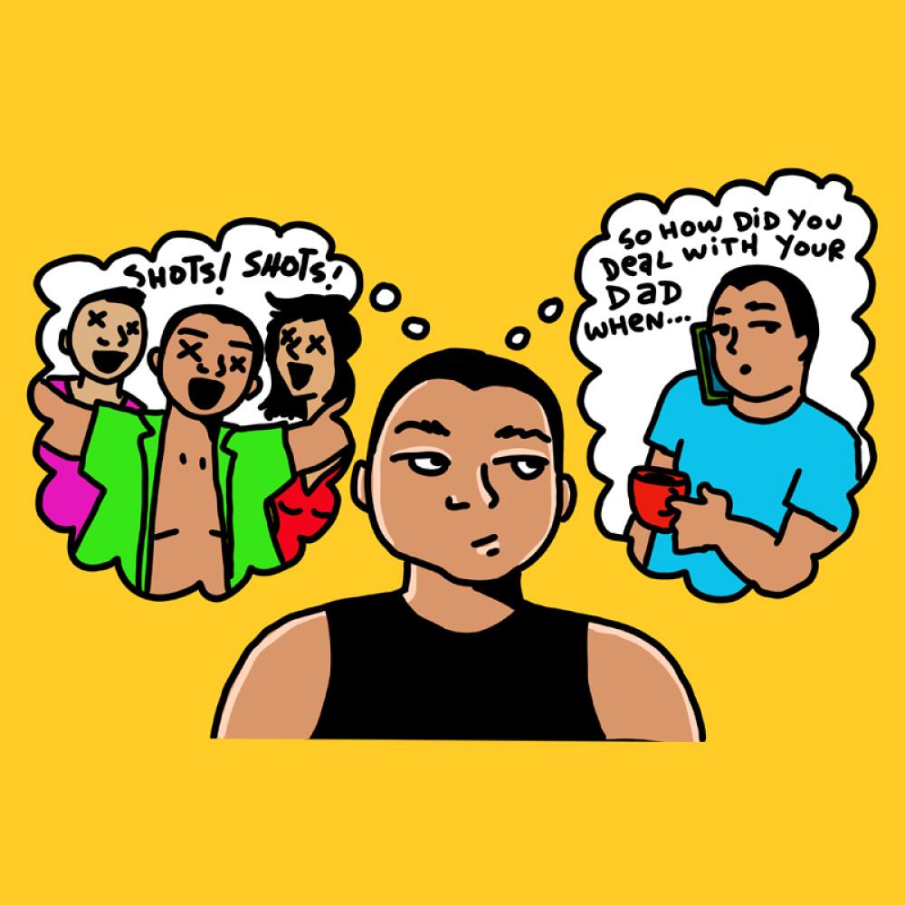 Illustration of a man with two thought bubbles