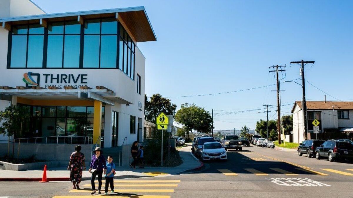 Students and parents exited Thrive charter school in the Linda Vista neighborhood of San Diego in 2019.