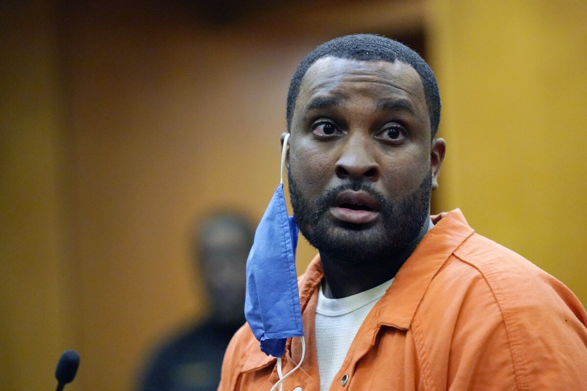 Marquis Aaron Flowers, 28, addresses the family members, unseen, of the two Brookhaven police officers he murdered in 2018, in a Lincoln County Circuit Court moments after pleading guilty to first degree murder in their deaths, Wednesday morning, Nov. 3, 2021, in Brookhaven, Miss. (AP Photo/Rogelio V. Solis)
