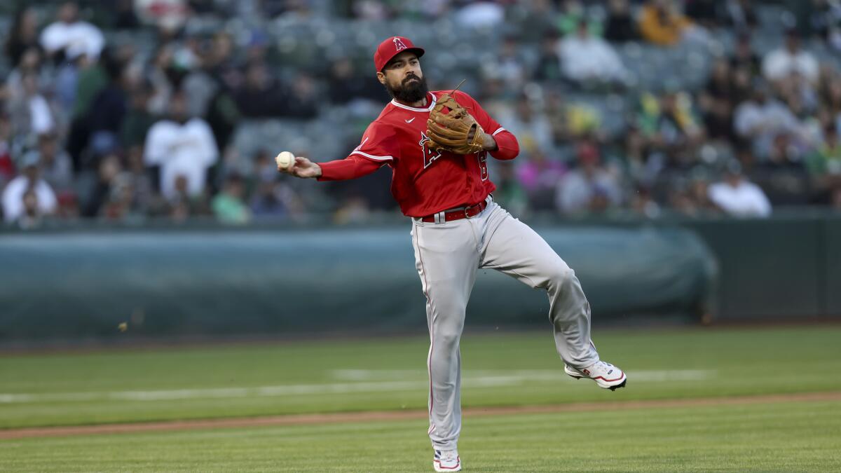 Angels third baseman Anthony Rendon throws to first during a game against the Oakland Athletics on May 13. 