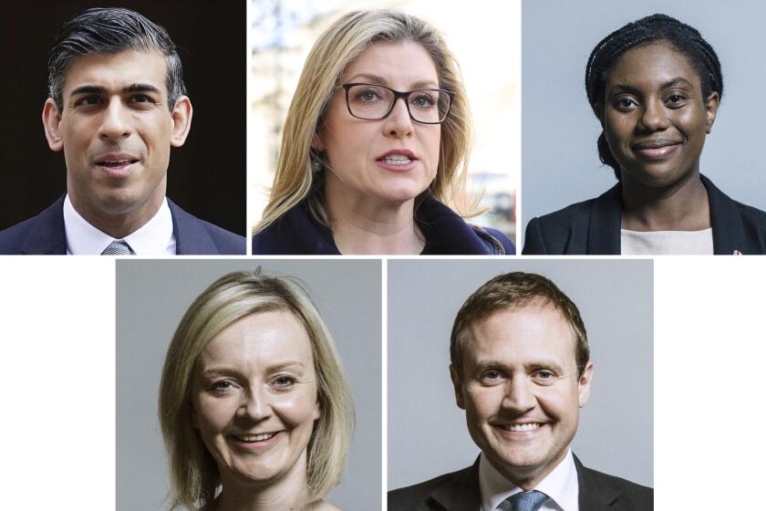 Five candidates in the Conservative Party leadership race to replace British Prime Minister Boris Johnson are clockwise from left, Rishi Sunak, Penny Mordaunt, Kemi Badenoch, Tom Tugendhat and Liz Truss.