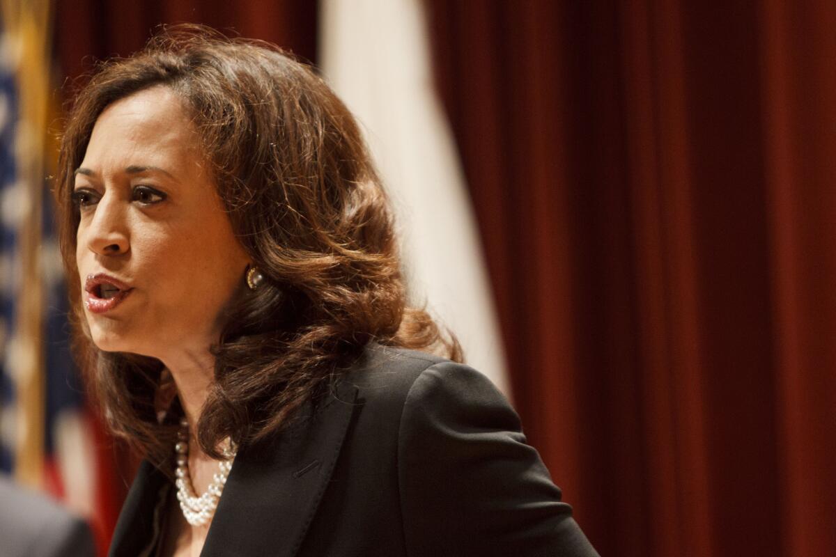 California Atty. Gen. Kamala Harris speaks at a news conference in Los Angeles.