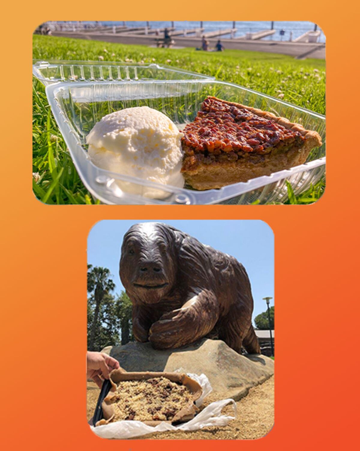 A piece of sweet potato pecan pie at Burton Chace Park and an  Ethiopian dish at La Brea tar pits