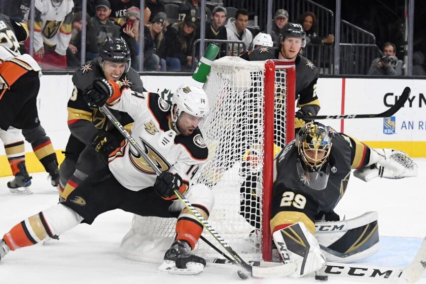 LAS VEGAS, NEVADA - OCTOBER 20: Marc-Andre Fleury #29 of the Vegas Golden Knights blocks a shot by Adam Henrique #14 of the Anaheim Ducks in the third period of their game at T-Mobile Arena on October 20, 2018 in Las Vegas, Nevada. The Golden Knights defeated the Ducks 3-1. (Photo by Ethan Miller/Getty Images) ** OUTS - ELSENT, FPG, CM - OUTS * NM, PH, VA if sourced by CT, LA or MoD **