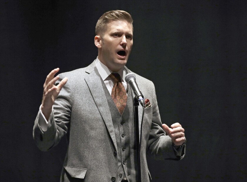 FILE - In this Oct. 19, 2017, file photo, white nationalist Richard Spencer speaks at the University of Florida in Gainesville, Fla. Florida Republicans are spearheading a legislative effort that they argue would protect free speech at the state's public universities. The proposal prevents universities from "shielding" students from differing perspectives even if the broader campus community finds those views to be offensive. (AP Photo/Chris O'Meara, File)
