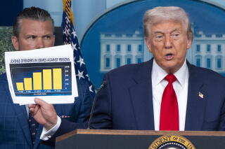President Trump holding up a chart in front of Defense Secretary Pete Hegseth